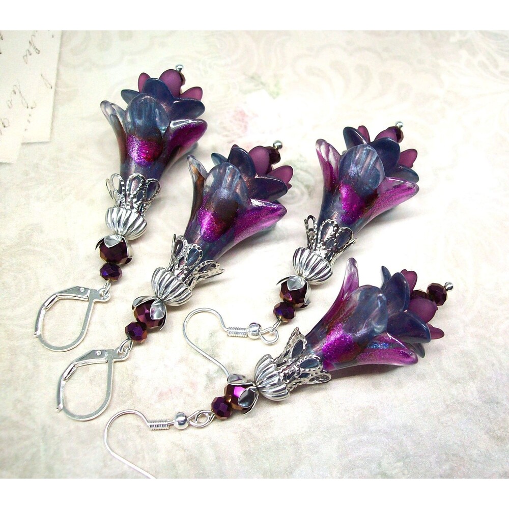 Boho Earrings Purple, Floral, Silver, Hand Painted Artisan Crafted Flower Jewelr